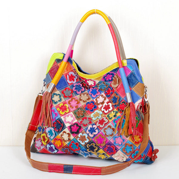 Bolsa Bandolera de Cuero Genuino con Diseño Asimétrico Multicolor