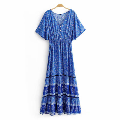 Vestido Playero Vintage Chic con Estampado Floral y Mangas Murciélago