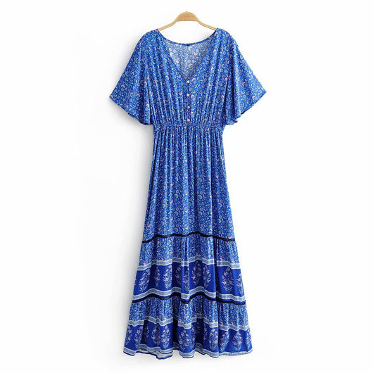 Vestido Playero Vintage Chic con Estampado Floral y Mangas Murciélago