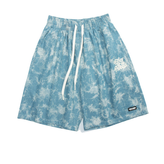 Pantalones Cortos Denim Tie-Dye Desgastado Floral Cintura Alta Unisex
