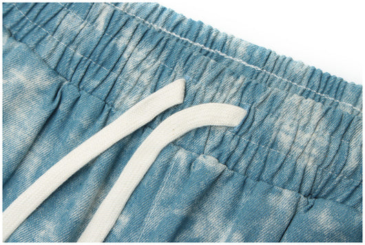 Pantalones Cortos Denim Tie-Dye Desgastado Floral Cintura Alta Unisex - Image 3