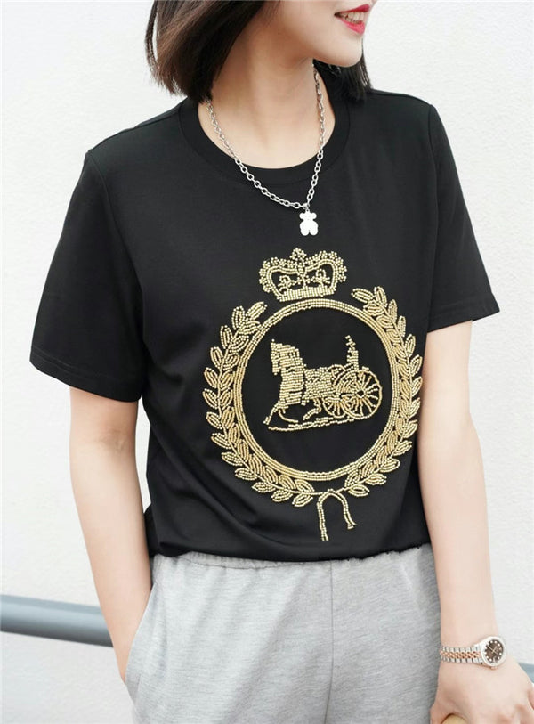 Camiseta Manga Corta Cuello Redondo con Estampado de Espigas de Trigo