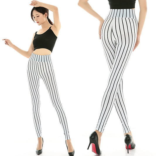 Pantalones Cropped a Rayas de Punto Elástico Cintura Alta Seda Lechosa Talla Grande - Image 2