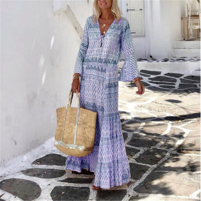 Vestido Bohemio Largo con Mangas Trompeta y Estampado Geométrico para Primavera y Verano - Image 7