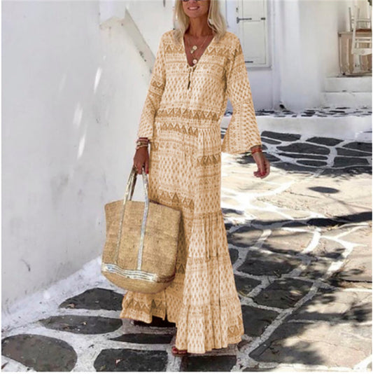 Vestido Bohemio Largo con Mangas Trompeta y Estampado Geométrico para Primavera y Verano - Image 2