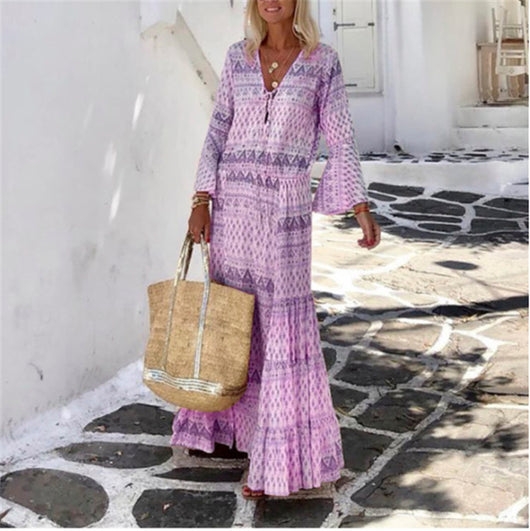 Vestido Bohemio Largo con Mangas Trompeta y Estampado Geométrico para Primavera y Verano - Image 3