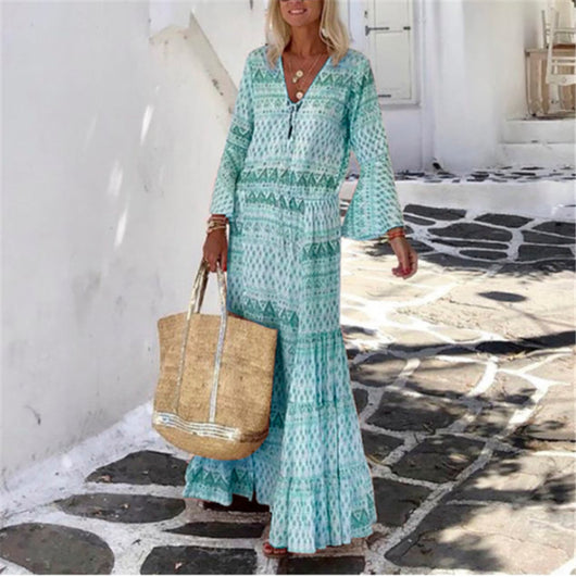 Vestido Bohemio Largo con Mangas Trompeta y Estampado Geométrico para Primavera y Verano - Image 5
