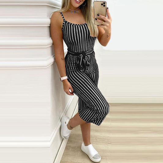 Pantalón Tipo Mono Rayado con Tirantes y Cinturón Integrado para Mujer