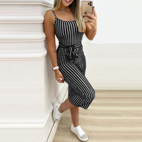 Pantalón Tipo Mono Rayado con Tirantes y Cinturón Integrado para Mujer