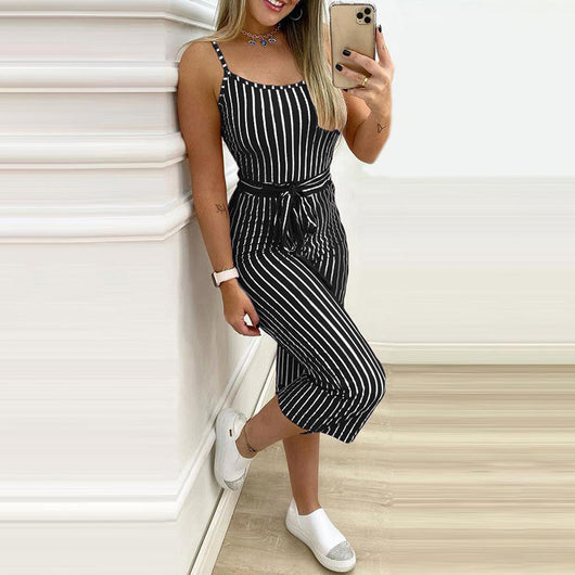 Pantalón Tipo Mono Rayado con Tirantes y Cinturón Integrado para Mujer