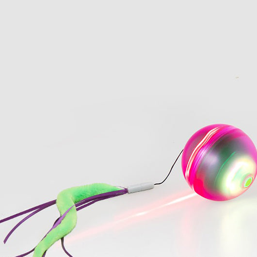 Electric cat toy with a glowing purple and green ball, attached to a fuzzy green tail with purple ribbons. - Image 12