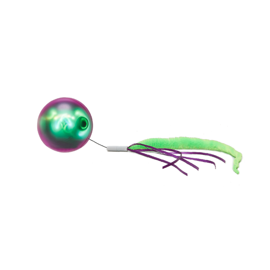 Electric cat toy with a glowing purple and green ball, attached to a fuzzy green tail with purple ribbons. - Image 5