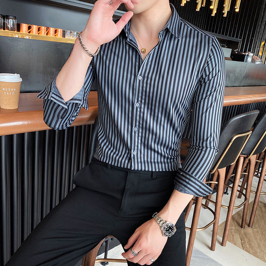 Camisa Entallada de Rayas Británicas con Cuello Cuadrado y Manga Larga - Image 10