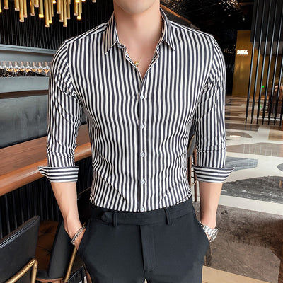 Camisa Entallada de Rayas Británicas con Cuello Cuadrado y Manga Larga - Image 9