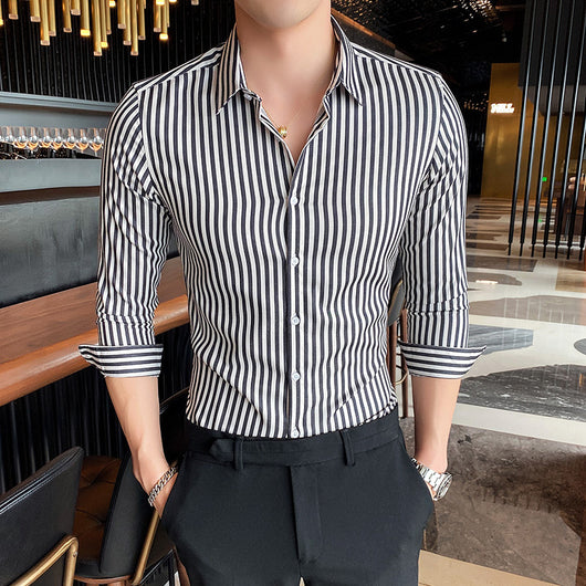 Camisa Entallada de Rayas Británicas con Cuello Cuadrado y Manga Larga - Image 9