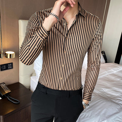 Camisa Entallada de Rayas Británicas con Cuello Cuadrado y Manga Larga - Image 8