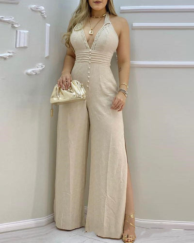 Enterizo Beige con Escote Halter y Detalles de Encaje - Image 10
