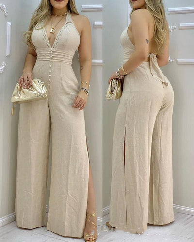 Enterizo Beige con Escote Halter y Detalles de Encaje - Image 5