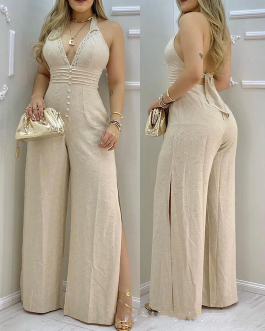 Enterizo Beige con Escote Halter y Detalles de Encaje - Image 5