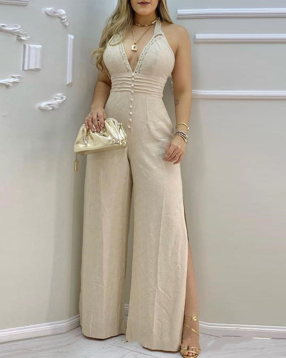 Enterizo Beige con Escote Halter y Detalles de Encaje