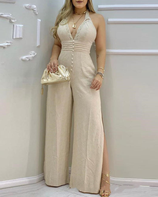 Enterizo Beige con Escote Halter y Detalles de Encaje - Image 3
