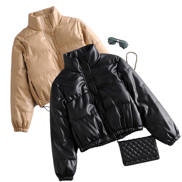 Parka Corta Gruesa para Mujer - Elegante Abrigo de Invierno en Negro PU