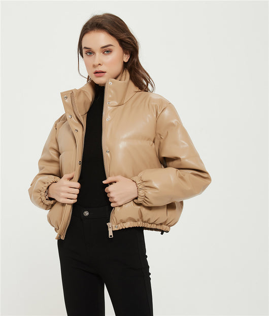 Parka Corta Gruesa para Mujer - Elegante Abrigo de Invierno en Negro PU - Image 5