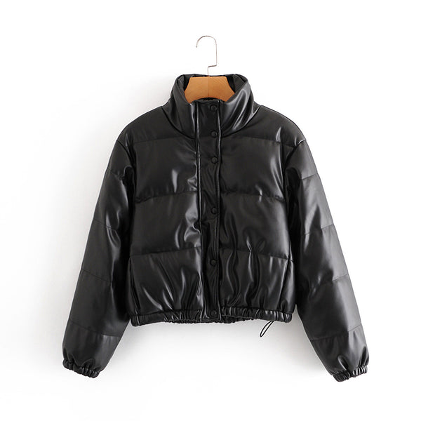 Parka Corta Gruesa para Mujer - Elegante Abrigo de Invierno en Negro PU - Image 4