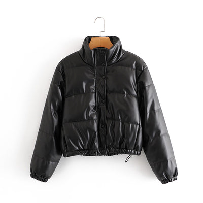 Parka Corta Gruesa para Mujer - Elegante Abrigo de Invierno en Negro PU - Image 4