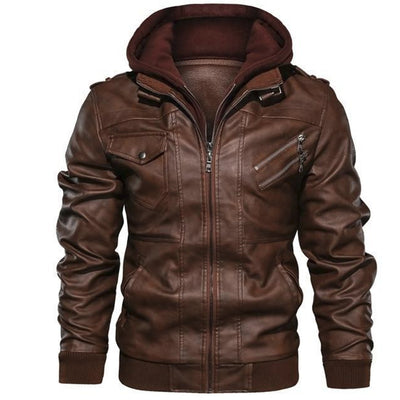 Chaqueta de Cuero PU para Hombre con Capucha Removible