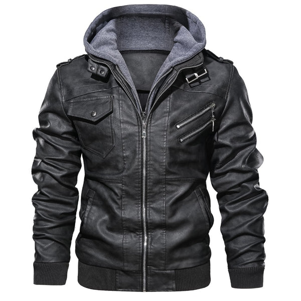 Chaqueta de Cuero PU para Hombre con Capucha Removible