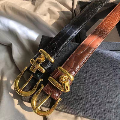 Cinturón de Cuero Vintage Dorado con Hebilla Cocodrilo - Estilo Europeo Premium
