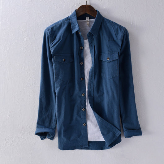 Camisa de Algodón Puro Manga Larga Estilo Coreano Verde Militar Slim Fit Hombre - Image 6