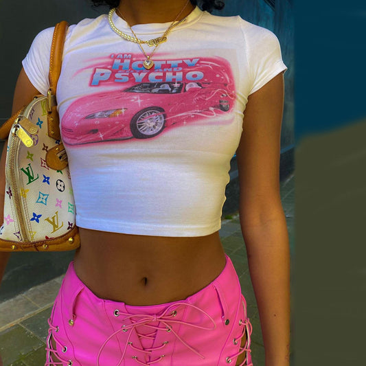 Crop Top Ajustado Tendencia Ombligo Cuello Redondo Manga Corta Streetwear