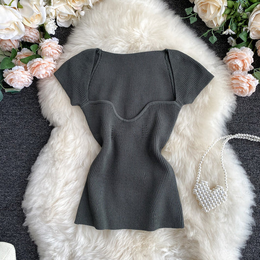 Blusa Ajustada Escote Profundo - Camiseta Básica Tejida Manga Corta Multiusos - Image 6