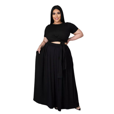 Conjunto de Dos Piezas Falda Tableada Monocromo con Corbata Cruzada - Image 2