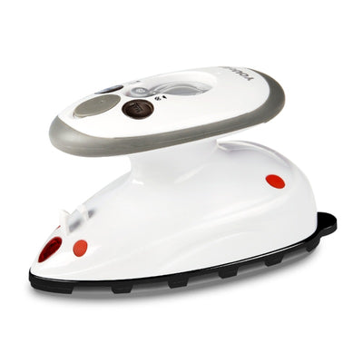 White and grey mini electric steam iron with red accents, ideal for travel and quick garment touch-ups. - Image 10