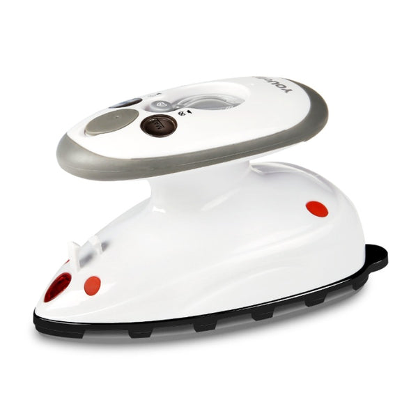 White and grey mini electric steam iron with red accents, ideal for travel and quick garment touch-ups.