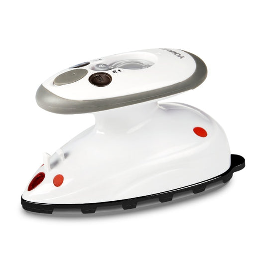 White and grey mini electric steam iron with red accents, ideal for travel and quick garment touch-ups.