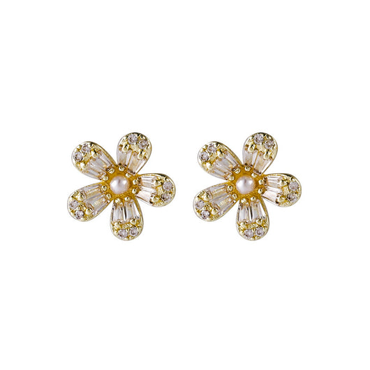 Aretes de Flor con Perla de Circón y Cinco Pétalos - Image 7