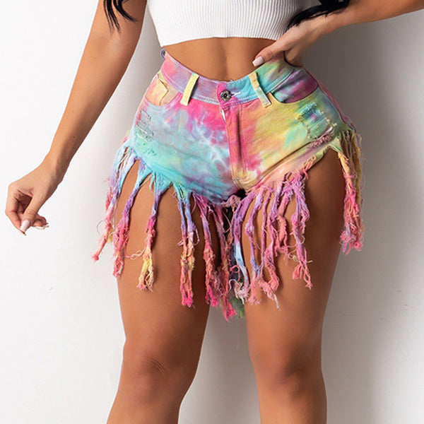 Shorts Vaqueros Tie-Dye con Flecos para Mujer - Estilo Casual Moderno