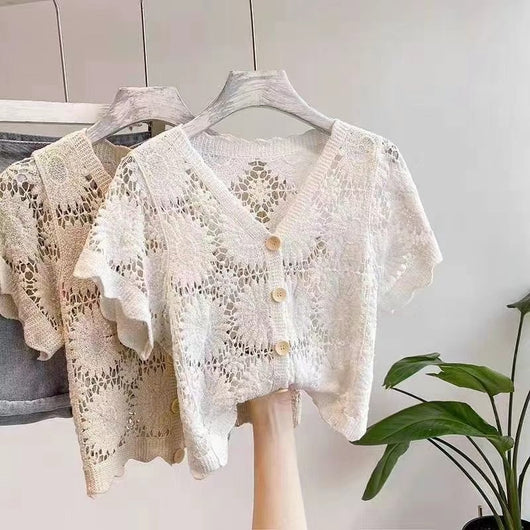 Blusa Encaje Escote V Hueco Floral Elegante para Mujer - Image 10