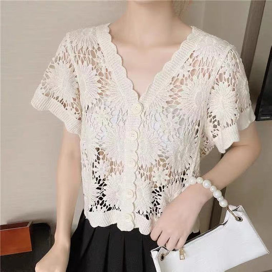 Blusa Encaje Escote V Hueco Floral Elegante para Mujer - Image 8