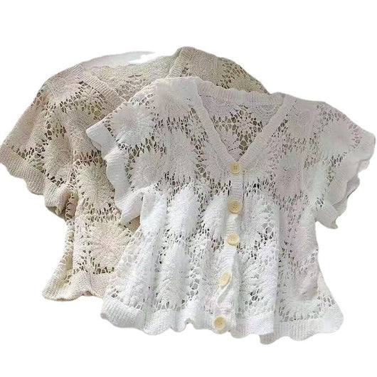 Blusa Encaje Escote V Hueco Floral Elegante para Mujer - Image 7