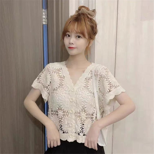 Blusa Encaje Escote V Hueco Floral Elegante para Mujer - Image 2