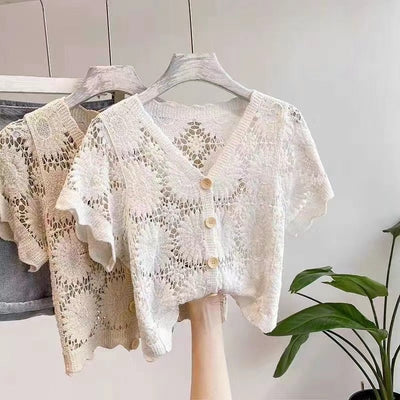 Blusa Encaje Escote V Hueco Floral Elegante para Mujer - Image 4