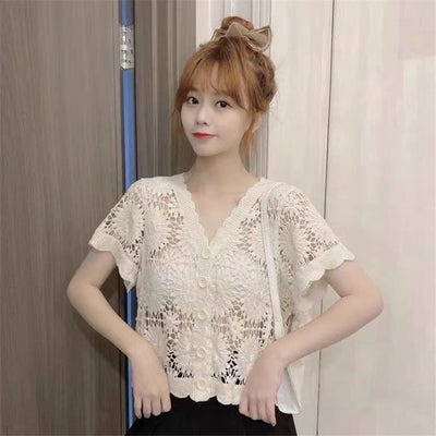 Blusa Encaje Escote V Hueco Floral Elegante para Mujer
