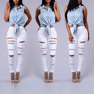Pantalones Vaqueros Rotos Cintura Alta Skinny para Mujer