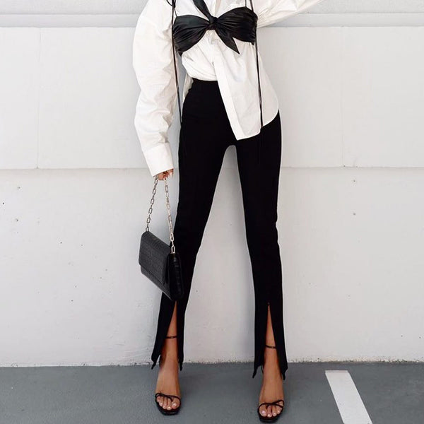 Pantalón Mujer Cintura Alta Corte Recto con Abertura Lateral Elegante