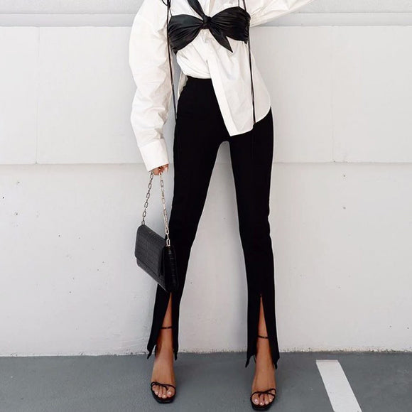 Pantalón Mujer Cintura Alta Corte Recto con Abertura Lateral Elegante
